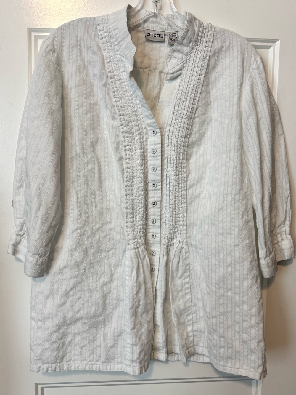 Chico's White Textured Cotton Pintuck Button Front Blouse 2 Coastal Minimalist